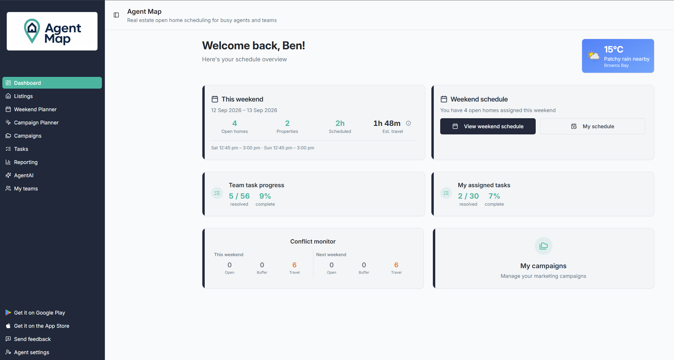 AgentMap dashboard showing weekend activity, travel estimates, tasks, and campaigns