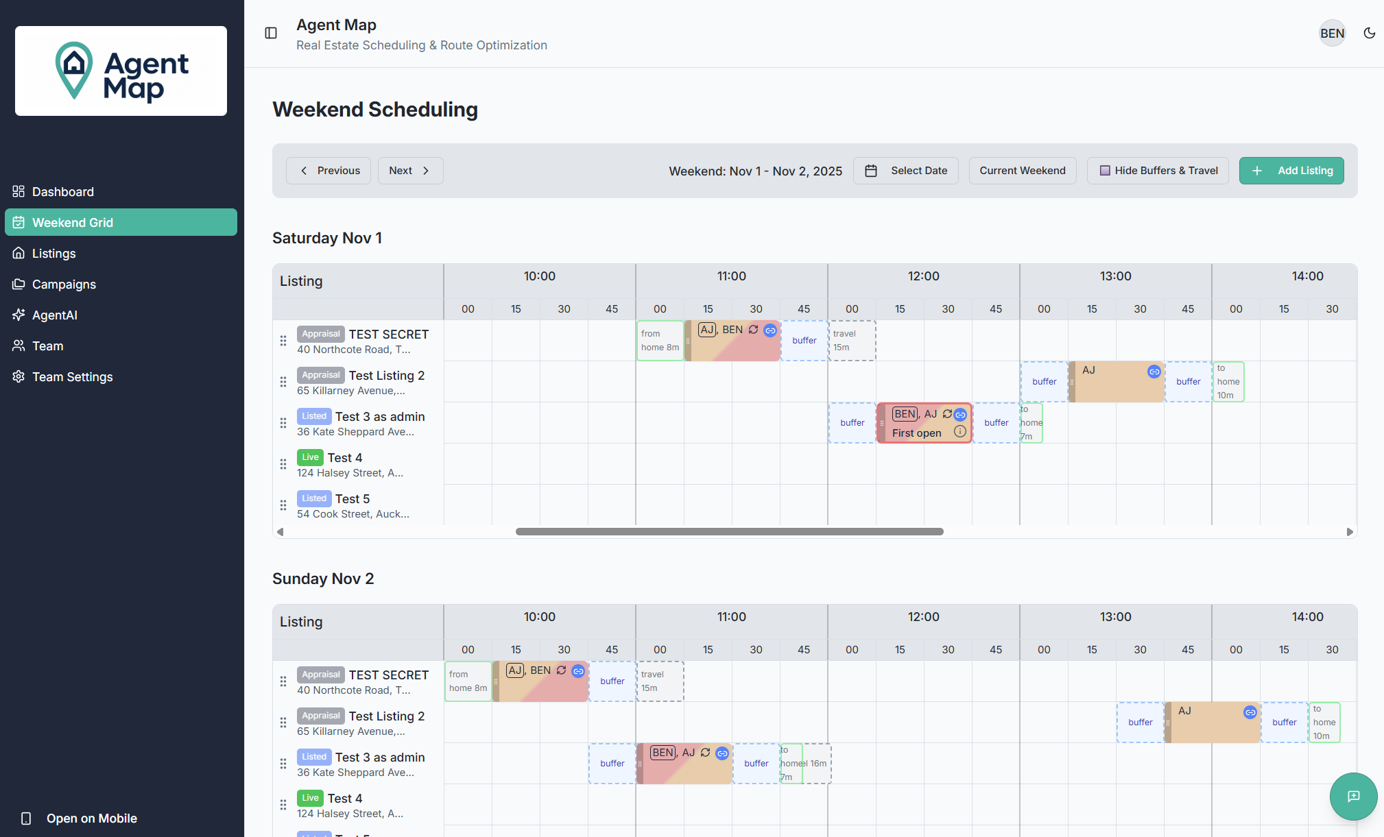 AgentMap weekend grid showing open-home appointments and travel buffers