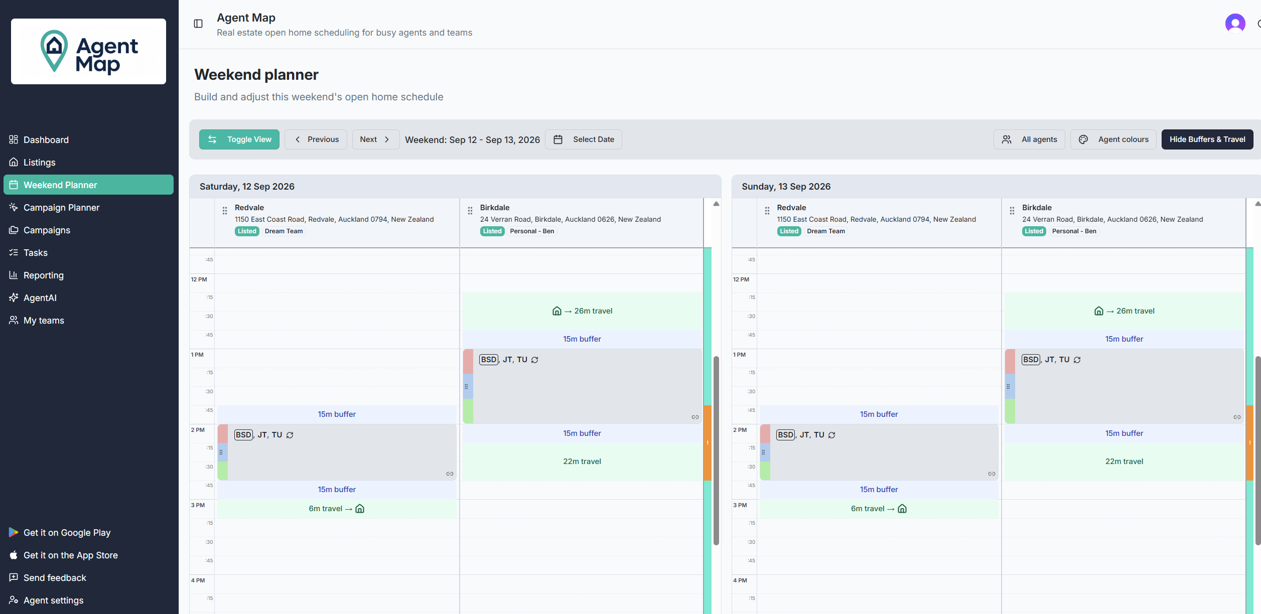 AgentMap weekend planner showing open-home appointments, buffers, and travel time between listings